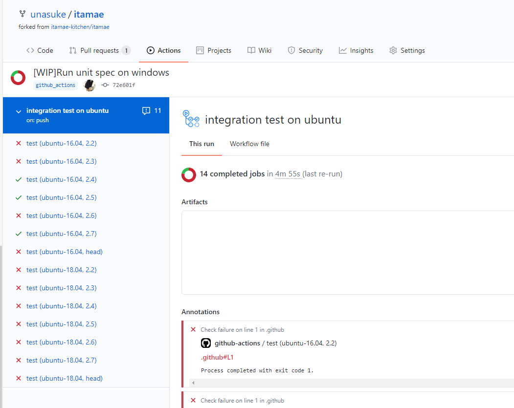 GitHub Actionsでintegration testがランダムに落ちる様子