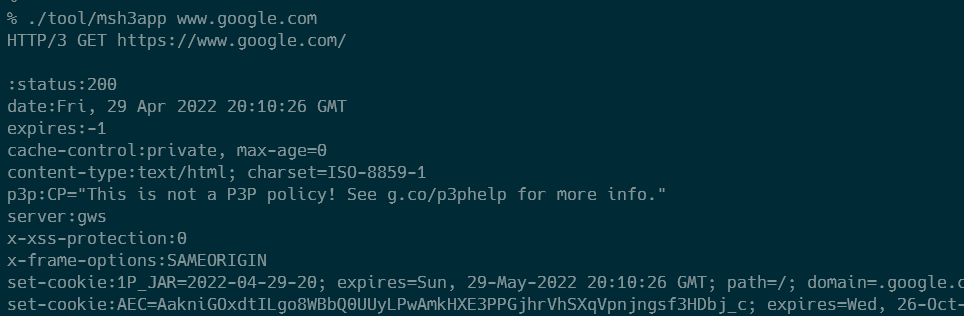 msh3appでwww.google.comへのリクエストが成功する様子