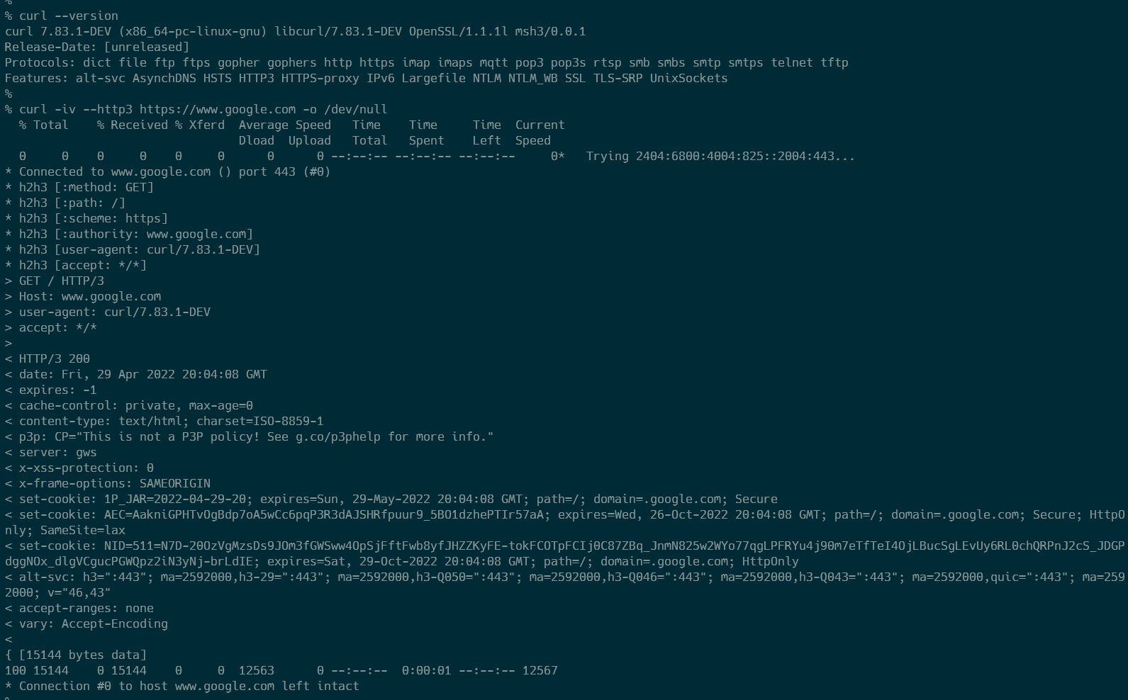 curlでwww.google.comへのリクエストが成功する様子
